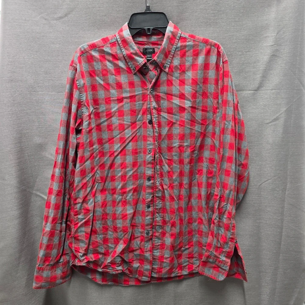 J.Crew Mens Red Gray Buffalo Check Cotton Button Down Shirt Large
